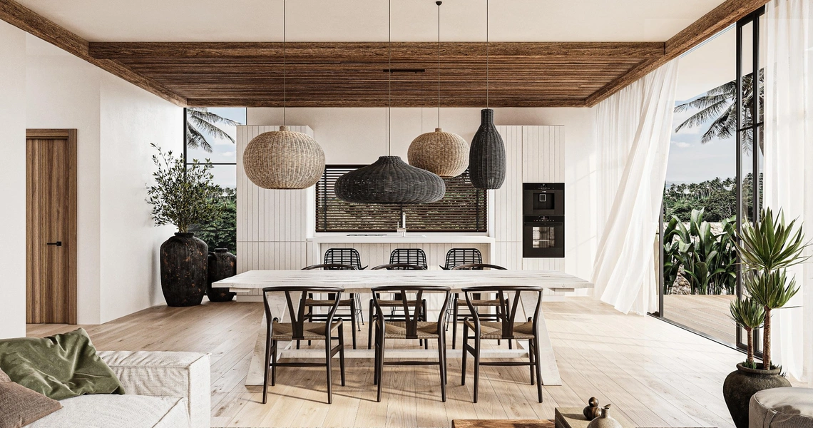 Chandra Samui designer villas - living room and kitchen view