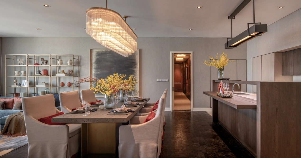 The Ritz-Carlton Residences Bangkok - living room with dark wood parquet