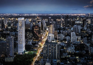 None Noble Form Thonglor luxury high-rise - aerial view of the building and Thonglor neighborhood