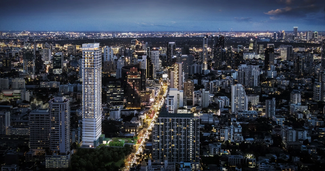 Noble Form Thonglor luxury high-rise - aerial view of the building and Thonglor neighborhood
