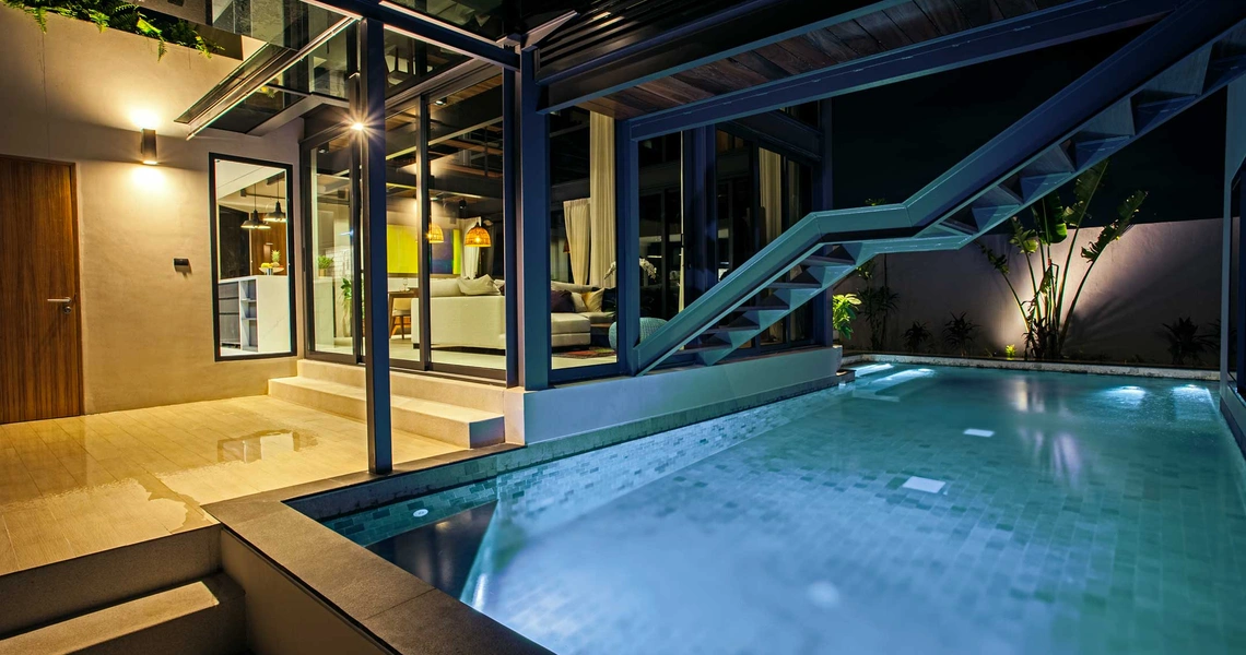 Riverhouse Phuket 3 bedroom villa swimming pool at night