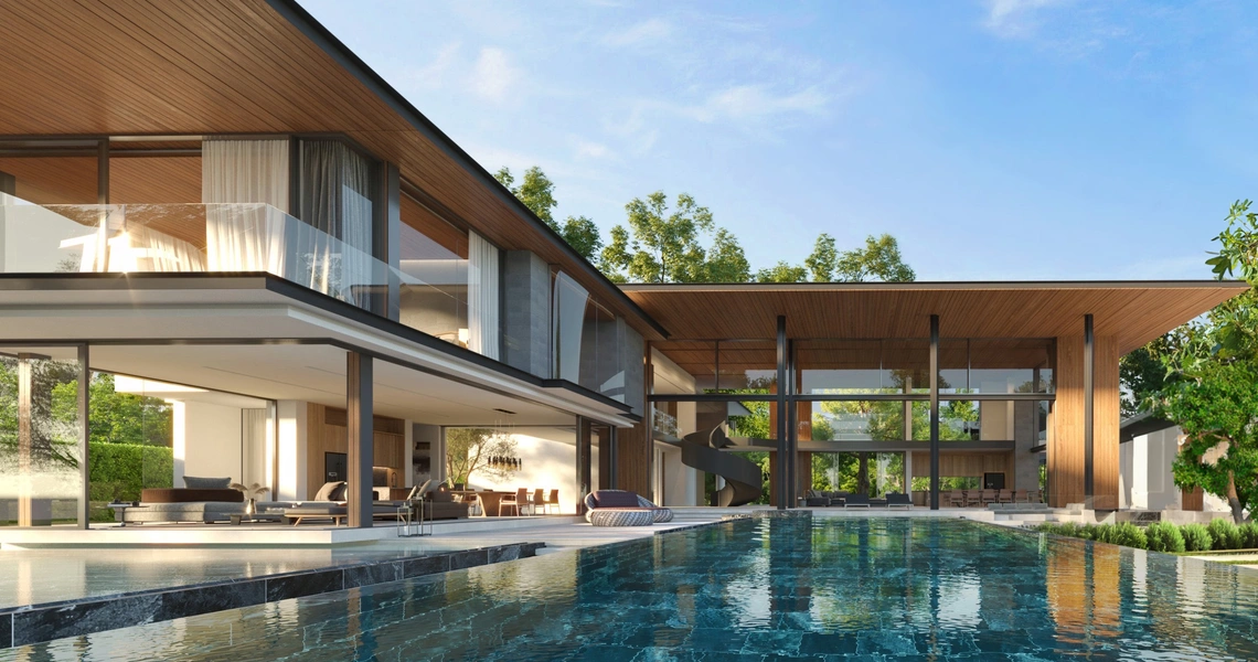 Botanica Montazure luxury villas Phuket - pool and villa view at sunset