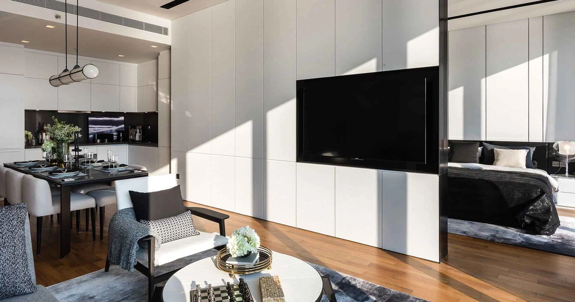 Banyan Tree Riverside Residences Bangkok bedroom and kitchen