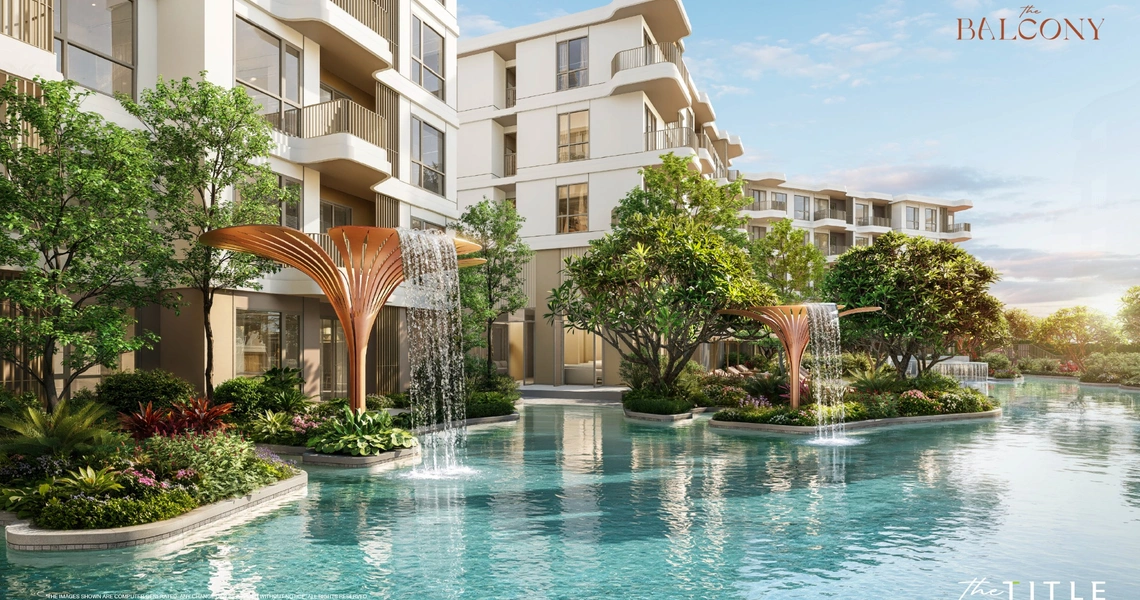 The Balcony beachfront condo Phuket - pool, fountains and greenery
