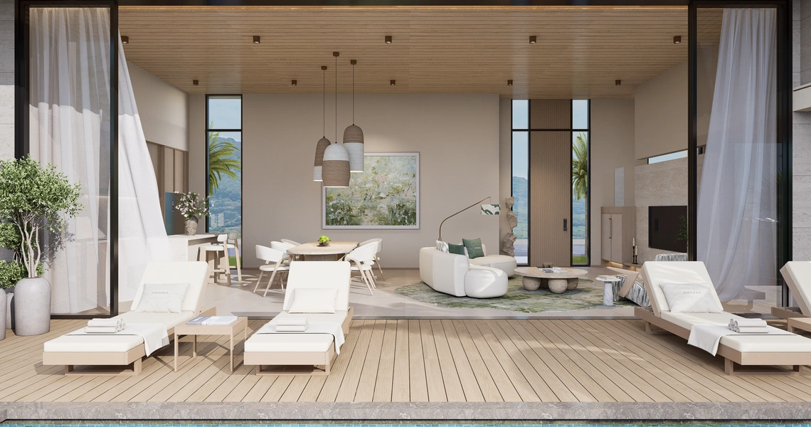 AYANA Soluna Villas pool with deck chairs